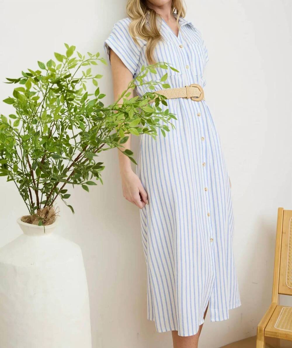 NEW BLU PEPPER stripe button down belted midi shirt dress in blue